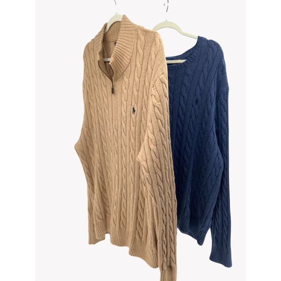 Set of 2 Ralph Lauren Cable Knit Sweaters Men XXL Camel 1/4 Zip & Blue Pullover - Picture 4 of 13